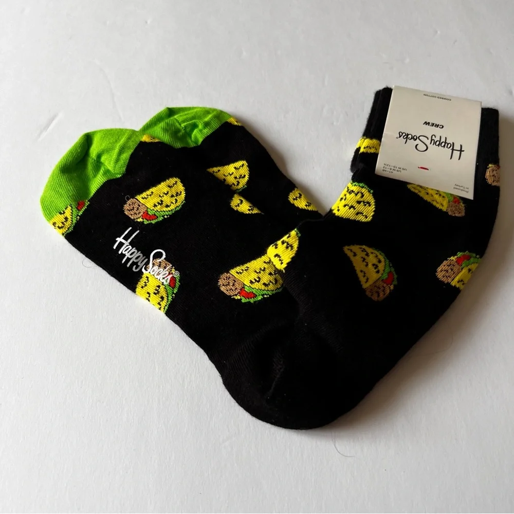 HAPPY SOCKS MENS COMBED COTTON CREW SOCKS TACO TO GO TACO PRINT BLACK OS NWT